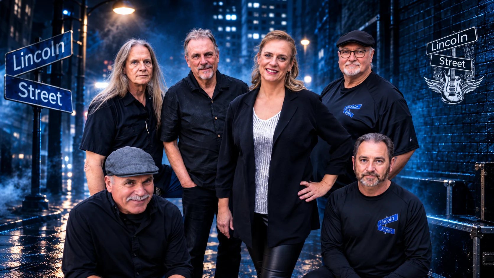 Lincoln Street Band group portrait with neon city backdrop and Lincoln Street logo
